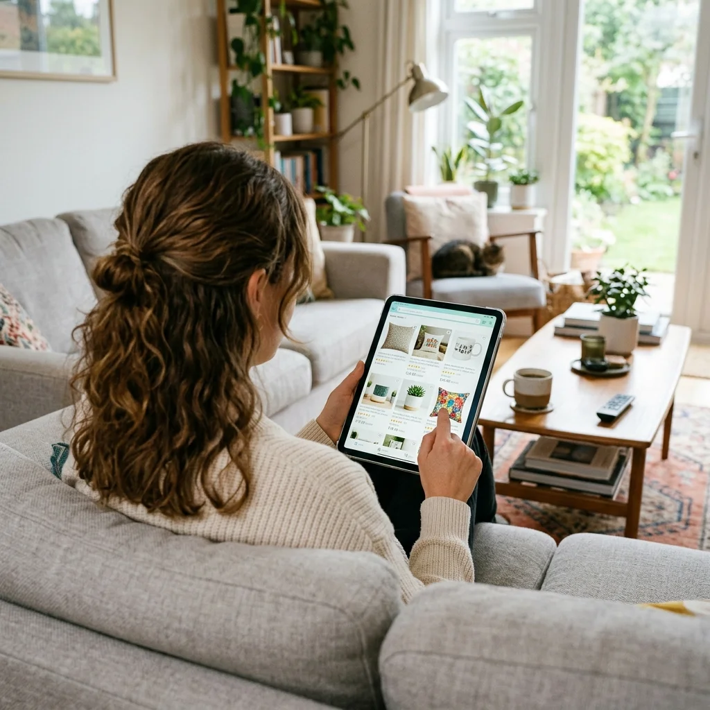 Over the shoulder view of a person sitting on a sofa browsing a shopping application on a tablet
