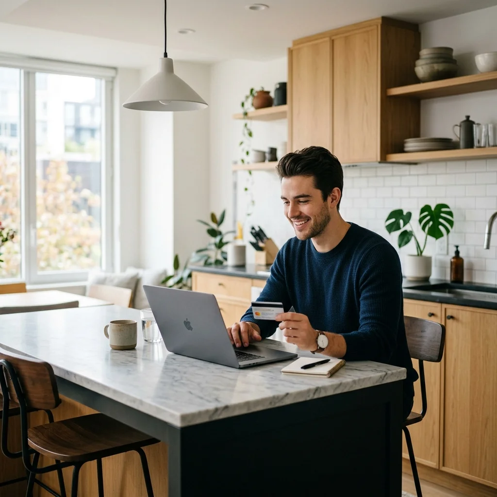 A young man sitting at a kitchen island, looking at his laptop screen and holding a credit card while smiling